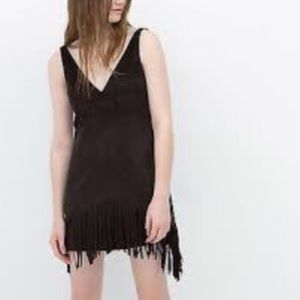 Zara Trafaluc Black Suede Fringe Mini Dress